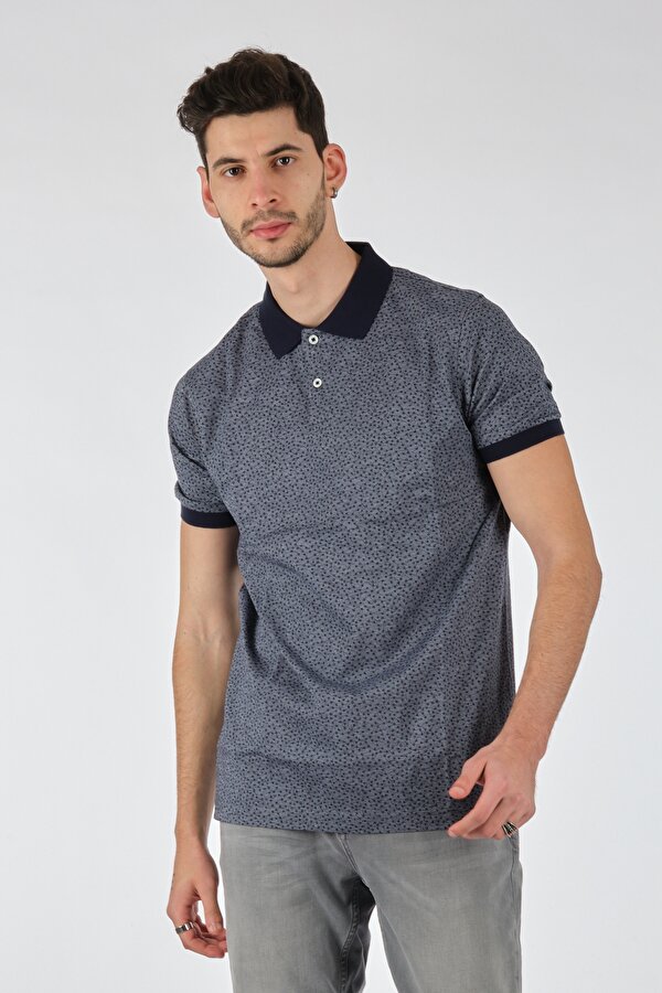 Polo Yaka Desenli Kısa Kollu Gri-Lacivert Erkek T-Shirt 1102597
