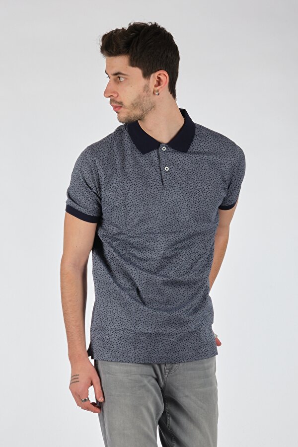 Polo Yaka Desenli Kısa Kollu Gri-Lacivert Erkek T-Shirt 1102597