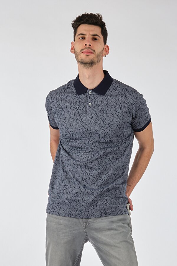 Polo Yaka Desenli Kısa Kollu Gri-Lacivert Erkek T-Shirt 1102597
