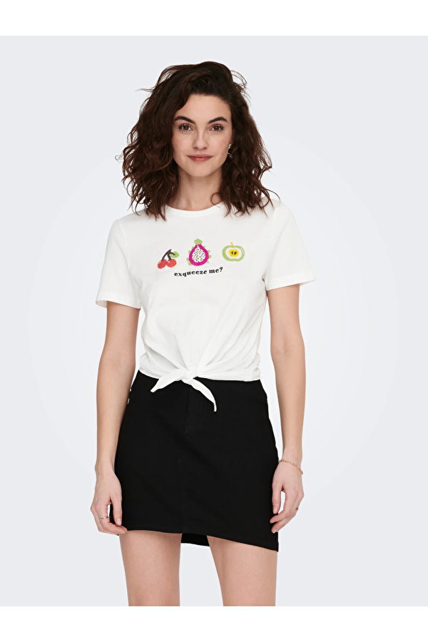 Sıfır Yaka Regular Fit Beyaz-Meyve Kadın T-Shirt 15290571