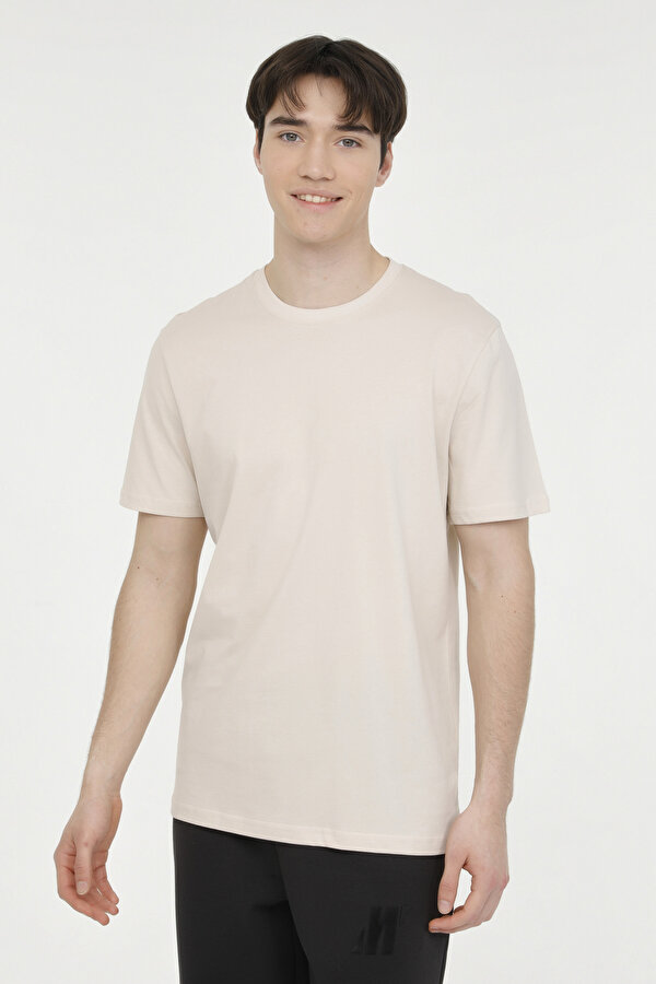 BASIC BİSİKLET YAKA TİŞÖR Bej Erkek Kısa Kol T-Shirt