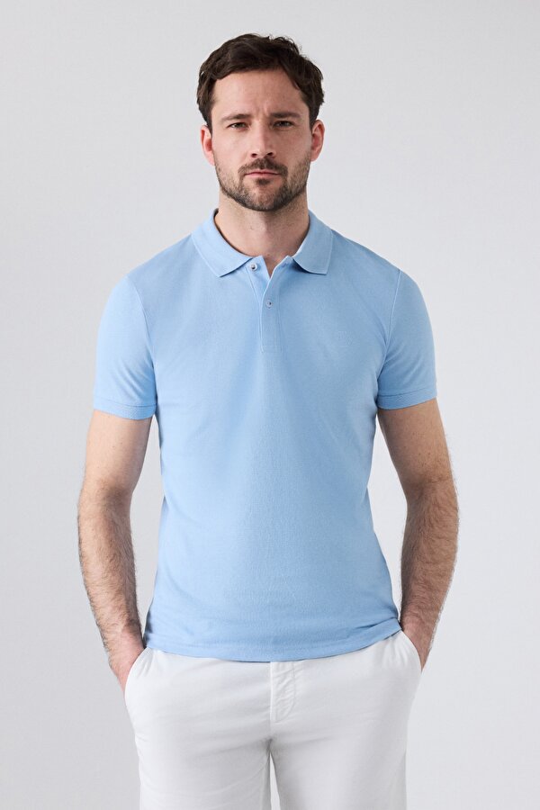 Ds Damat Regular Fit Açık Mavi %100 Pamuk Polo Yaka Nakışlı T-Shirt