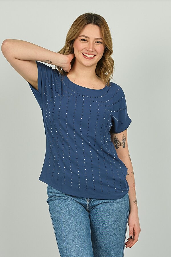 Kadın İşlemeli Bluz 19E093 Indigo