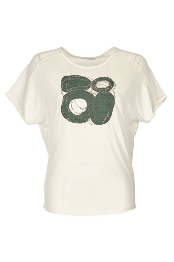 Daıdo Yuvarlak Yaka Taş Baskılı Kısa Kollu Ekru Kadın T-Shirt 20Y291900709