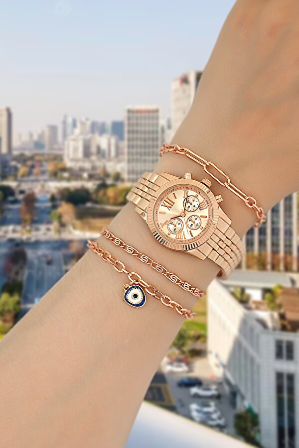 Özel Seri Metal Kasa Rose Gold Kadın Kol Saati ve Bileklik Set ST2810AFS01