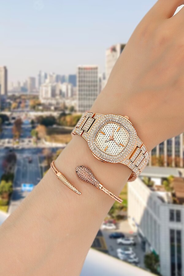Özel Seri Metal Kasa Rose Gold Kadın Kol Saati ve Bileklik Set ST2801AFS01
