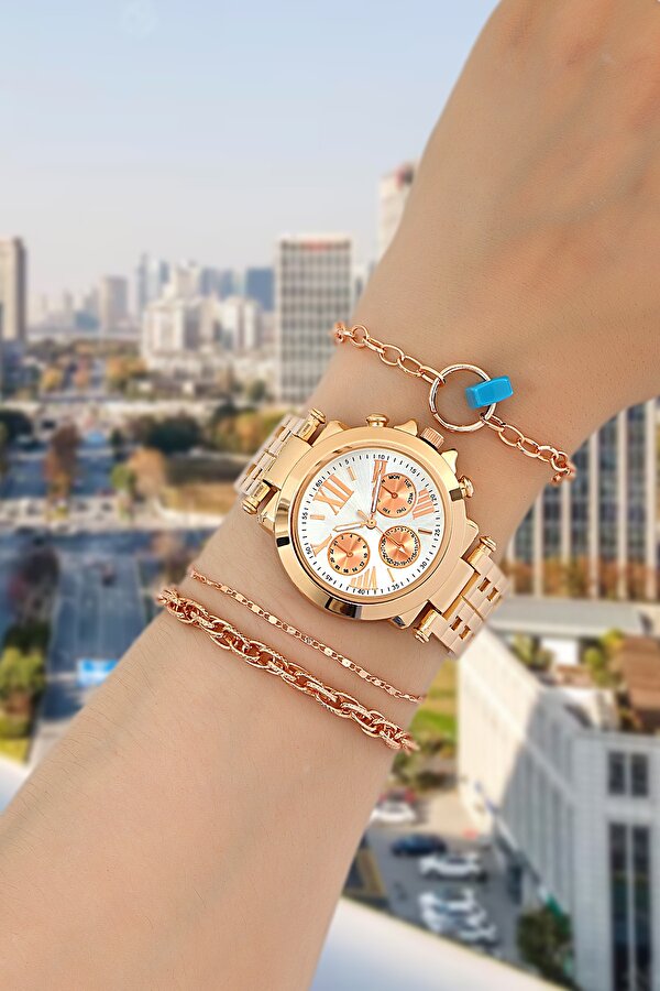 Özel Seri Metal Kasa Rose Gold Kadın Kol Saati ve Bileklik Set ST2751AGS01