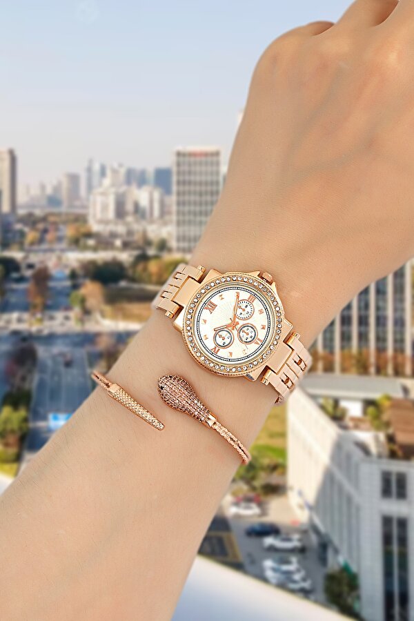 Özel Seri Metal Kasa Rose Gold Kadın Kol Saati ve Bileklik Set ST2727AFS01
