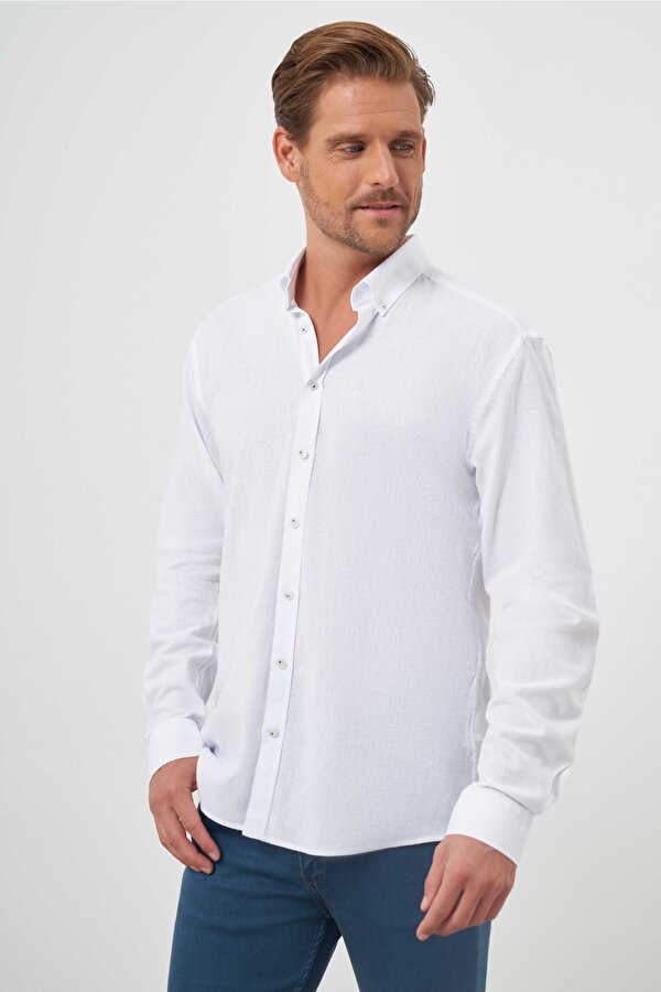 Erkek Beyaz Keten Düz Desen Düğmeli Yaka Slim Fit Gömlek