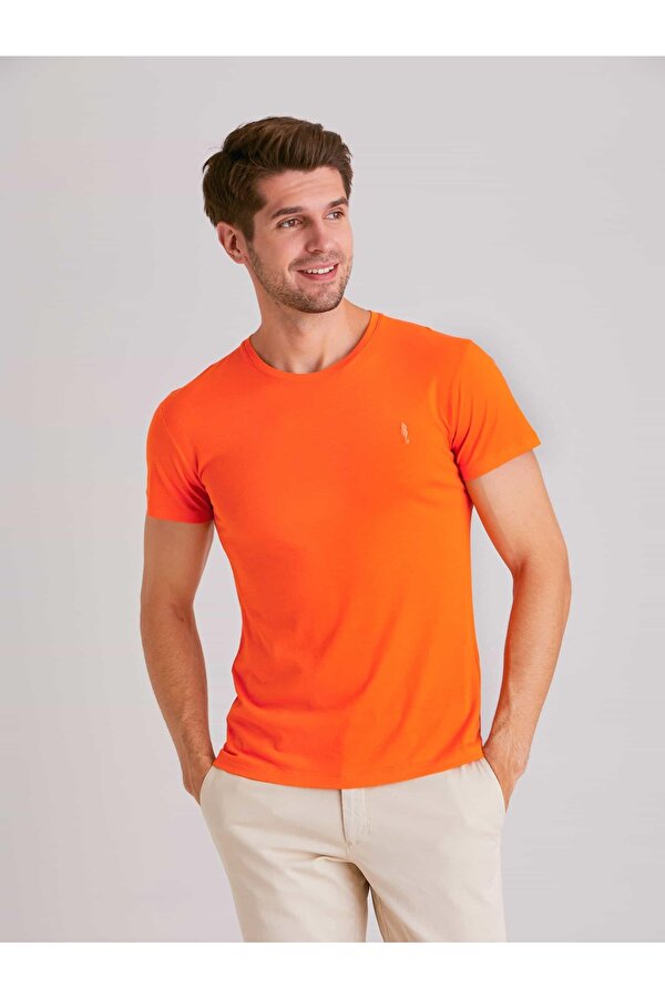 Turuncu Erkek Slim Fit Düz  O Yaka Tshirt - 49261