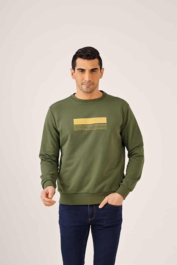 Haki Erkek Regular Fit Baskılı  Bisiklet Yaka Sweatshirt - 90940