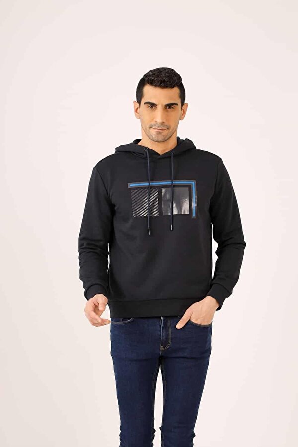 Lacivert Erkek Regular Fit Baskılı  Kapüşonlu Sweatshirt - 90920