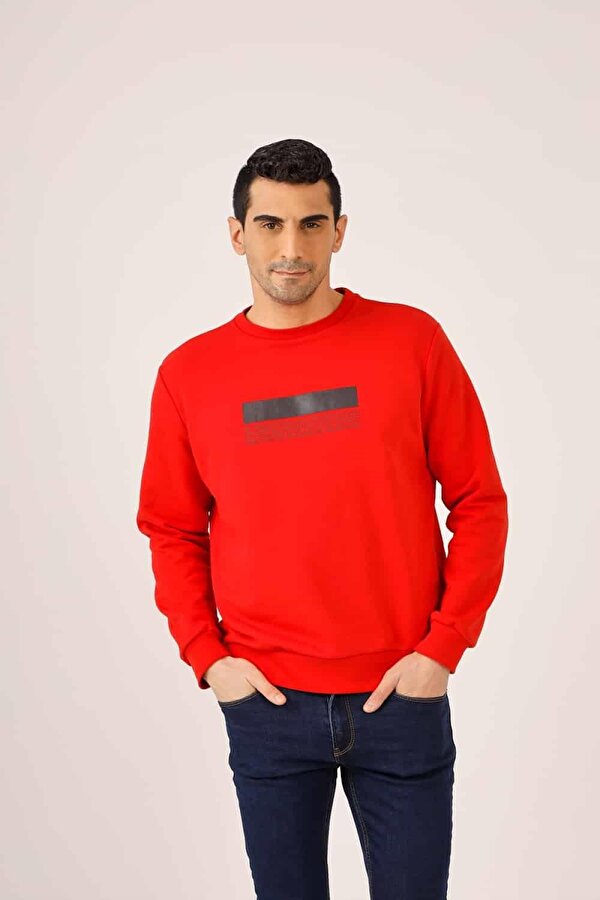 Kırmızı Erkek Regular Fit Baskılı  Bisiklet Yaka Sweatshirt - 90945