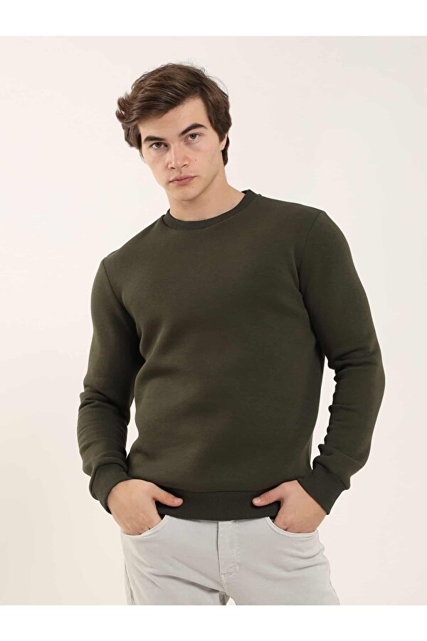 Haki Erkek Oversize Düz Pamuklu Bisiklet Yaka Sweatshirt - 103682