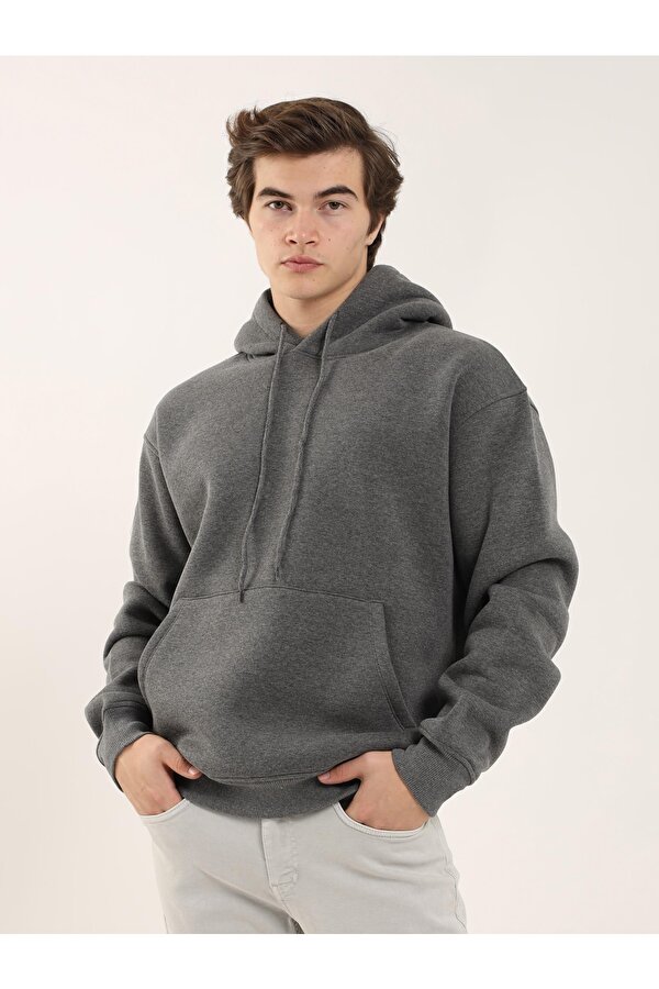 Antrasit Erkek Oversize Düz Pamuklu Kapüşonlu Sweatshirt - 103737