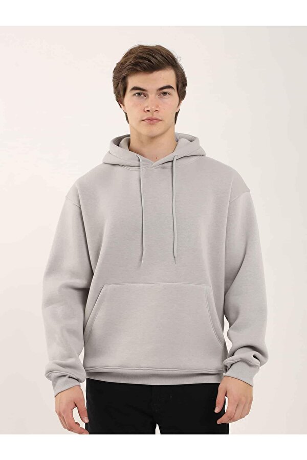 Taş Erkek Oversize Düz Pamuklu Kapüşonlu Sweatshirt - 103727