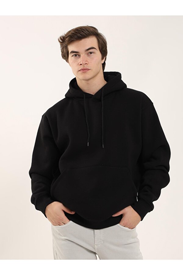 Siyah Erkek Oversize Düz Pamuklu Kapüşonlu Sweatshirt - 103732