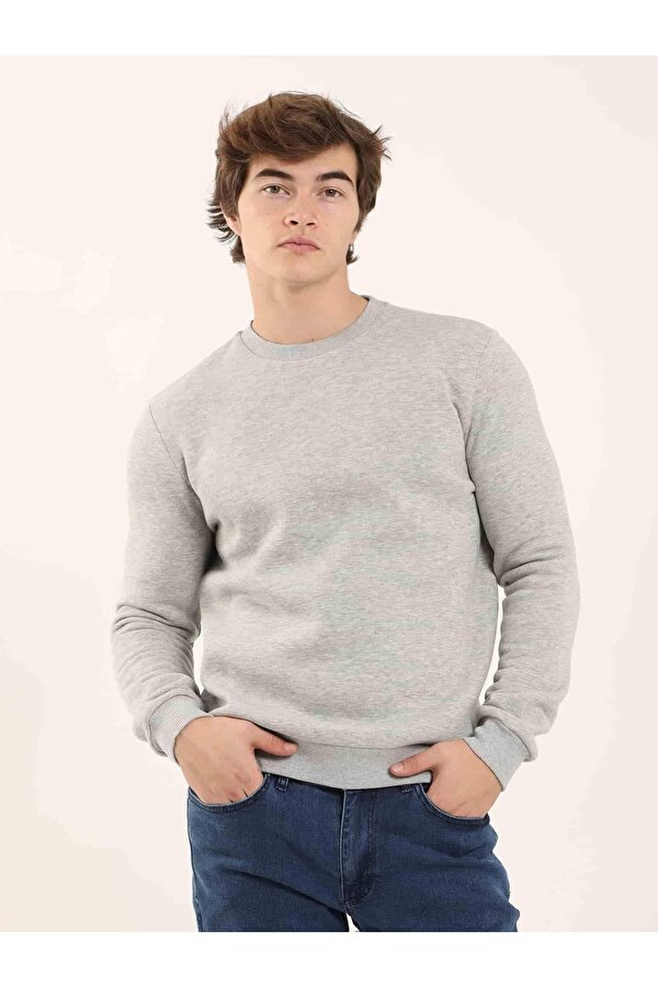 Gri Melanj Erkek Oversize Düz Pamuklu Bisiklet Yaka Sweatshirt - 103707