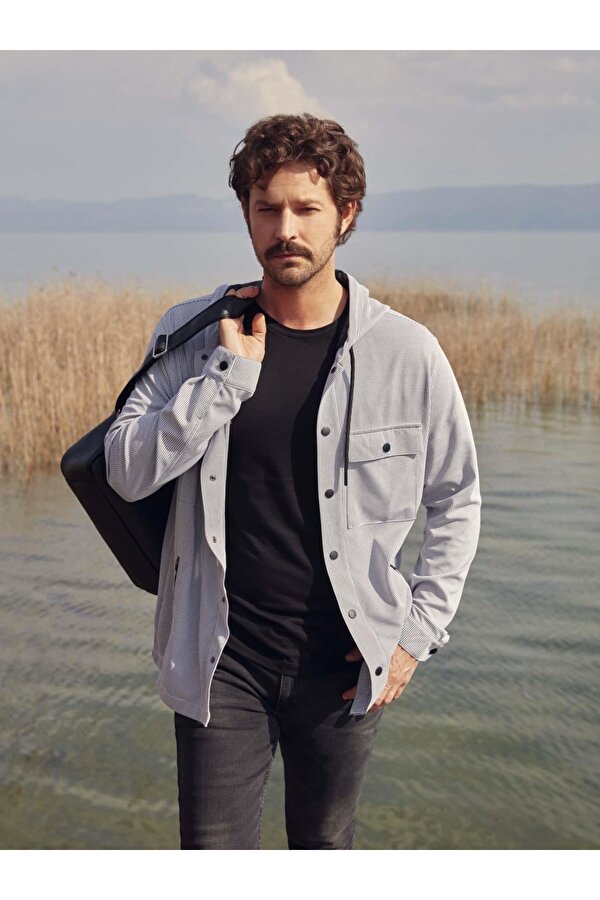 Ekru Erkek Regular Fit Pitikare Desenli Casual Kapüşonlu Mont - 96658