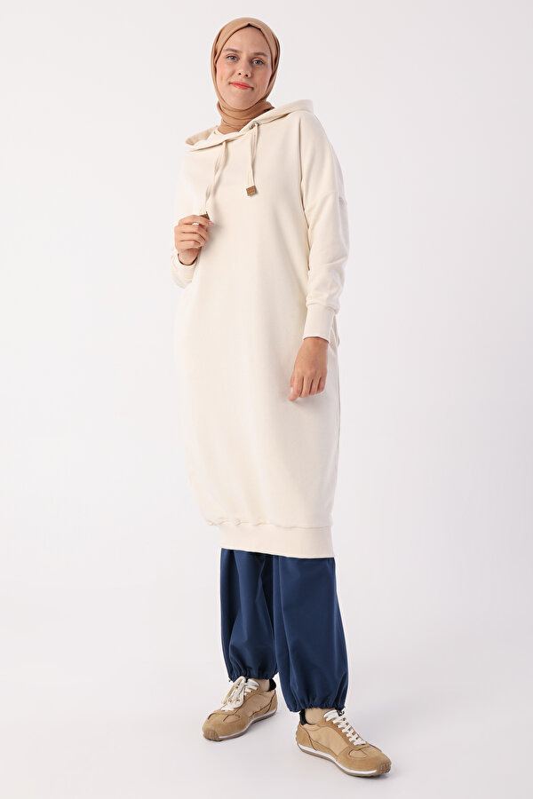 Ekru Kuşgözlü Kapüşonlu Cepli Sweat Tunik