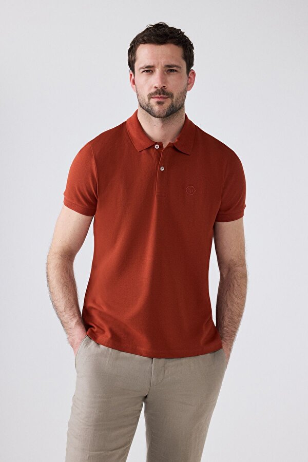 Ds Damat Regular Fit Kiremit %100 Pamuk Polo Yaka Nakışlı T-Shirt