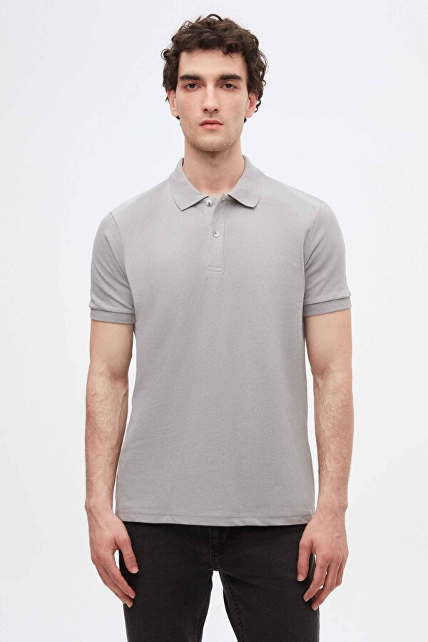 Ds Damat Regular Fit Gri %100 Pamuk Polo Yaka Nakışlı T-Shirt