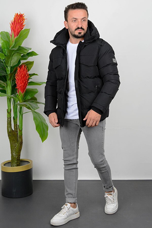 Erkek Slim Fit Kapüşonlu Şişme Mont Siyah Edw008