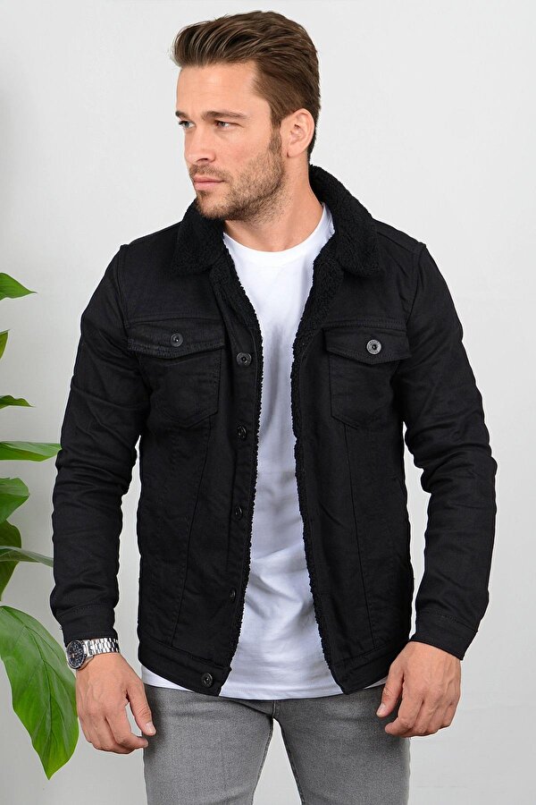 Erkek Slim Fit Cepli İçi Siyah Kürklü Düğmeli Kot Ceket Siyah PR113