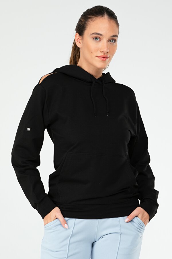 Siyah Regular Pamuklu Kapüşonlu Kanguru Cep Kadın Sweatshirt SC1179
