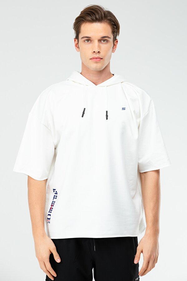 Ekru Oversize Pamuklu Kapüşonlu Kısa Kol Erkek Sweatshirt XC2319