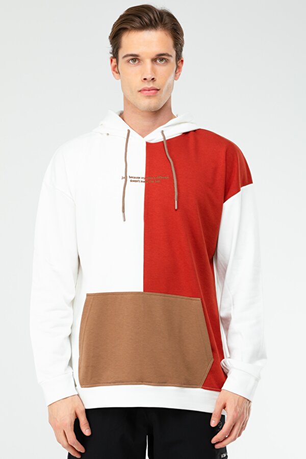 Ekru Oversize Pamuklu Kanguru Cep Kapüşonlu Erkek Sweatshirt XC2309