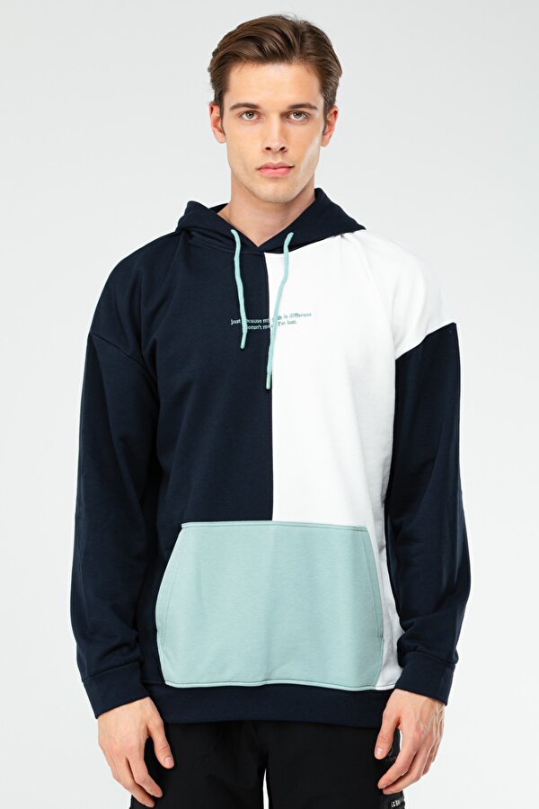 Lacivert Oversize Pamuklu Kanguru Cep Kapüşonlu Erkek Sweatshirt XC2309