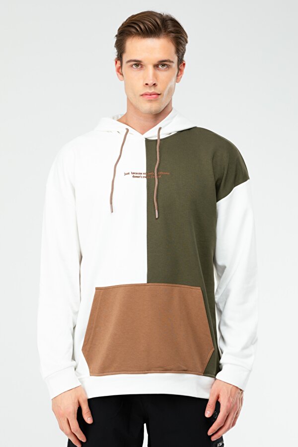 Ekru - Haki Oversize Pamuklu Kanguru Cep Kapüşonlu Erkek Sweatshirt XC2309