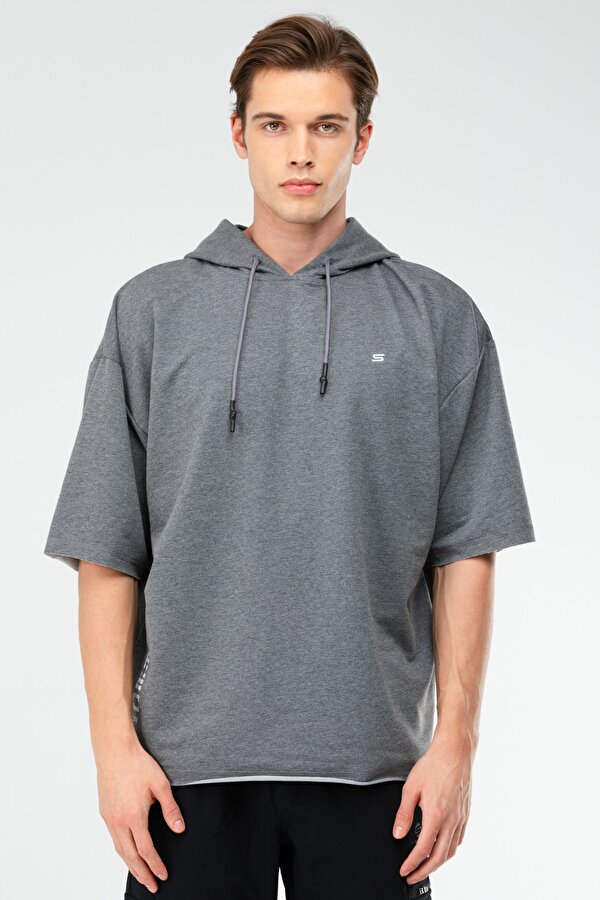 Gri Melanj Oversize Pamuklu Kapüşonlu Kısa Kol Erkek Sweatshirt XC2319