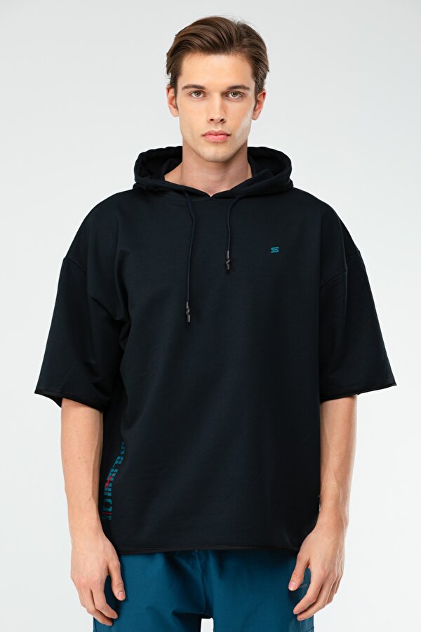 Lacivert Oversize Pamuklu Kapüşonlu Kısa Kol Erkek Sweatshirt XC2319