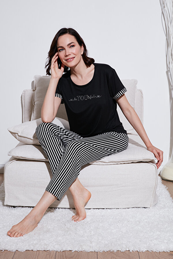 Bayan Pijama Takımı 6097605 SİYAH-BEYAZ