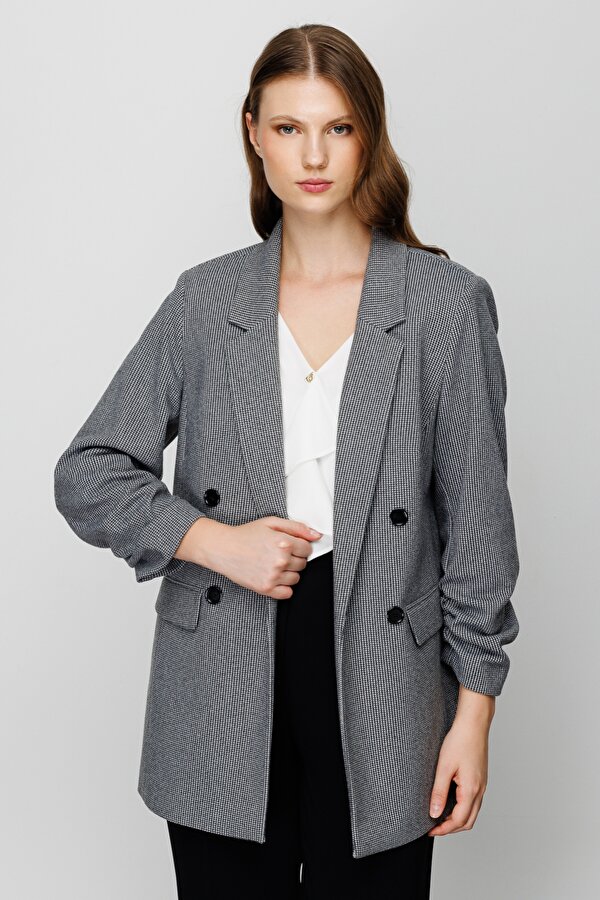 Büyük Beden Pötikare Siyah Kadın Ceket 23204545