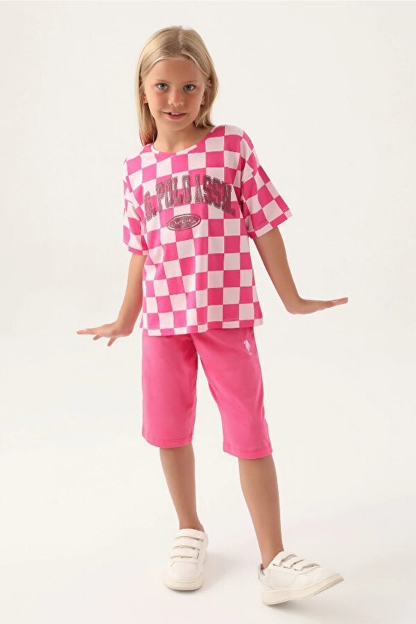 Lisanslı US1811 Plaid T-Shirt ve Kapri Alt Üst Kız Çocuk Takımı