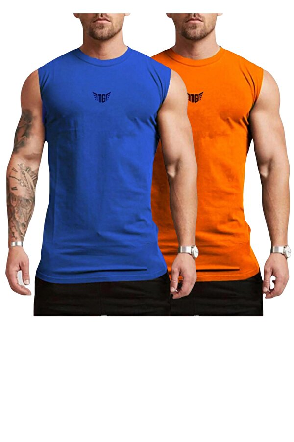 Erkek Nem Emici Hızlı Kuruma Atletik Teknik Performans Sporcu Sıfır Kol T-shirt MG-ATLET2(MAVİ YURUNCU)