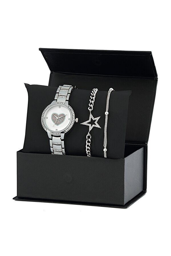 Beyaz Taşlı Kombin Saat Seti Hediye Set PS1531