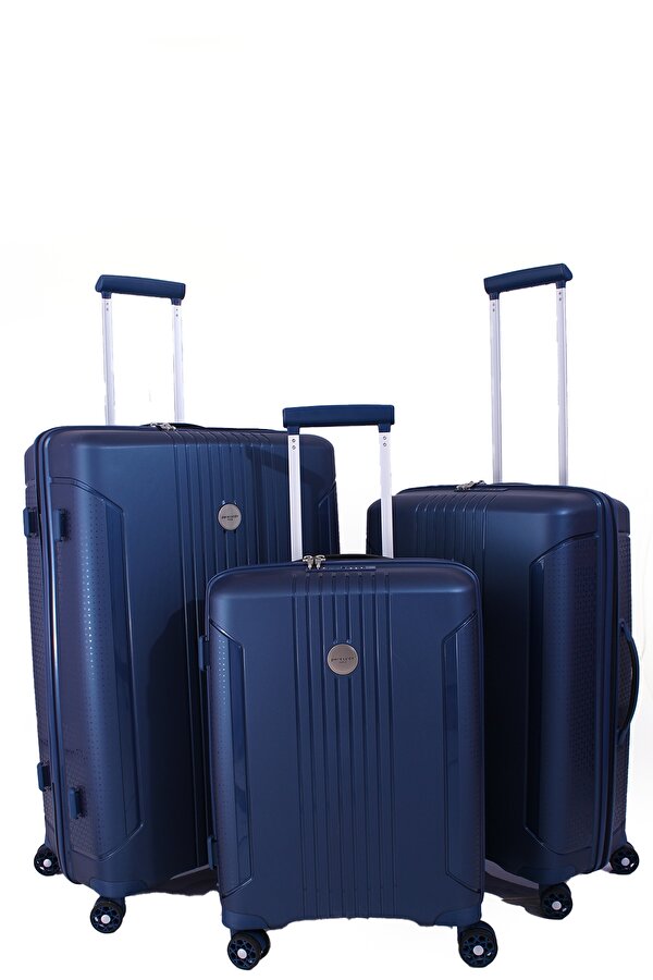7060 3 LÜ SET Ultra Light Hafif Lüks Polipropilen Kırılmaz Tekerlekli Valiz LACİVERT