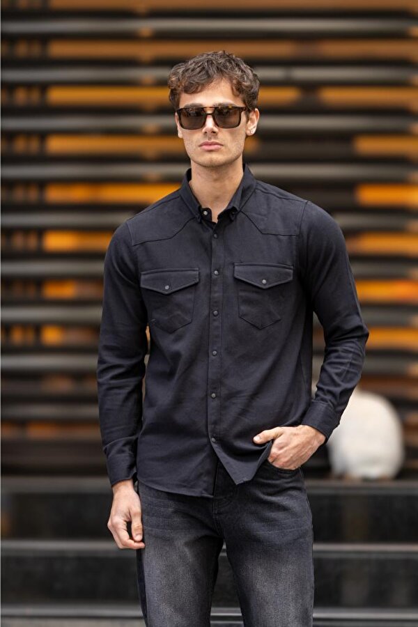 GOWN Çıtçıt Cepli Düğmeli Slim Fit Gömlek - Siyah