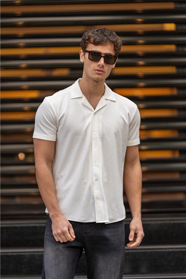 GLUE Apaç Yaka Düğmeli Slim Fit Gömlek - Beyaz