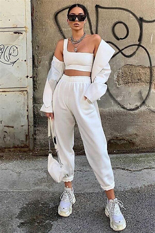Mad Girls Beyaz Paça Lastikli Oversize Kadın Eşofman MG324