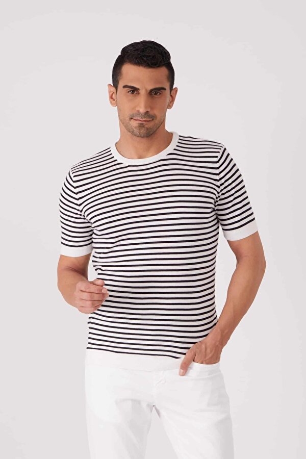 Lacivert Erkek Slim Fit Çizgili Pamuklu Bisiklet Yaka Kazak - 83306