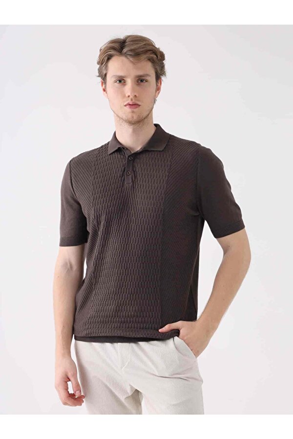 Kahverengi Erkek Regular Fit Desenli Pamuklu Polo Yaka Kazak - 94543