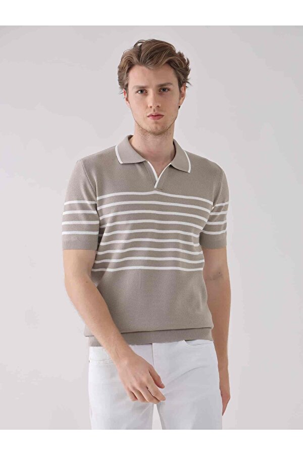 Bej Erkek Regular Fit Çizgili Casual Polo Yaka Kazak - 94523