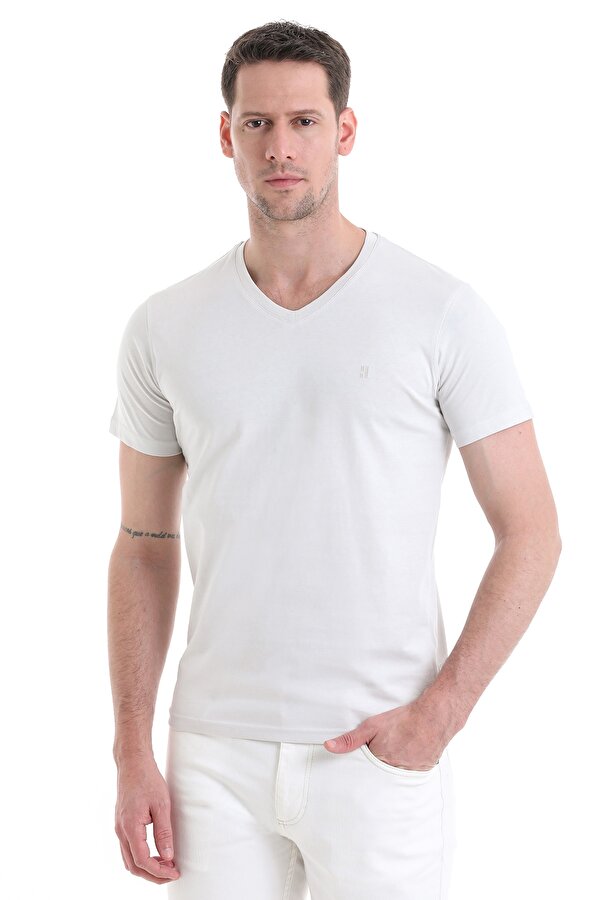 Gri Regular Fit Düz V Yaka %100 Pamuk Jersey Tişört