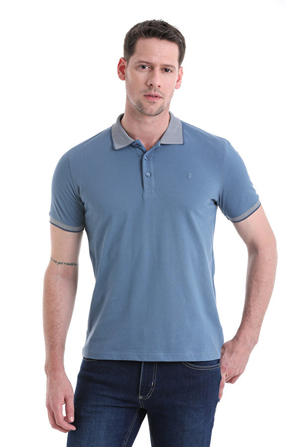 indigo Regular Fit Düz 100% Pamuklu Polo Yaka Tişört