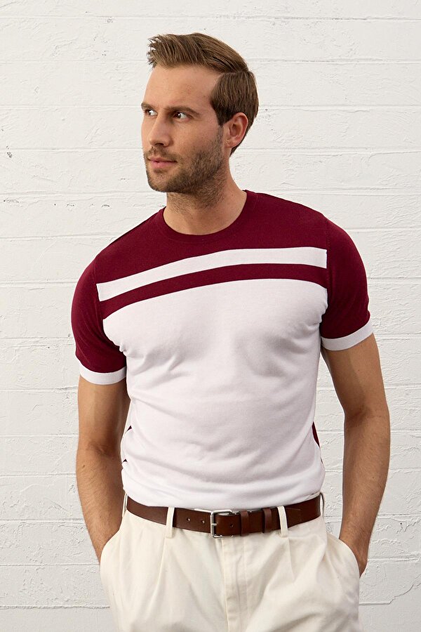 Erkek Renkli Slim-Fit Yazlık Triko Tişört  Bordo